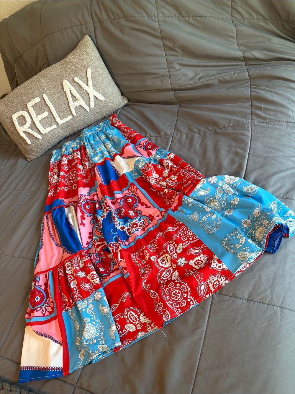 Colorblock Paisley Bandana Maxi Skirt - Red & Blue S New Boho Retro Spring 2026